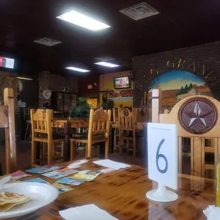a restaurant with a table and chairs