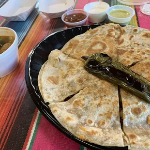 Carne asada quesadillas, charro beans and salsa