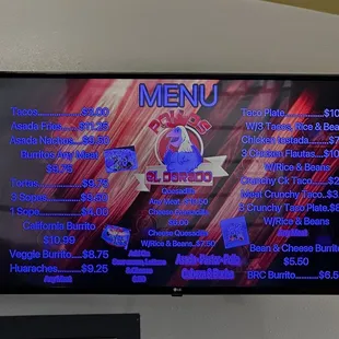 a menu on the wall