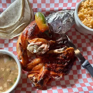 Half  Chicken with rice &amp; charro beans.