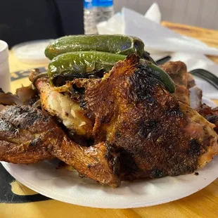 Whole Chicken and grilled jalapeños.