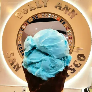 Cotton Candy Ice cream in a Chocolate covered waffle Cone. Chiose from 49+ flavors every day! We also make vegan and non dairy flavors!