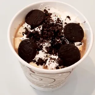 Hot Chocolate with Marshmallows, whipped cream, Oreo Crumble and Mini Oreo Cookies... simply Delicious, and perfect for Cold weather.