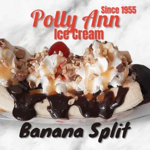 Banana Split with hot fudge and almonds, 3 scoops of delicious ice cream! More than 48 flavors are available every day!