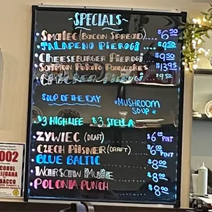 a menu on the wall