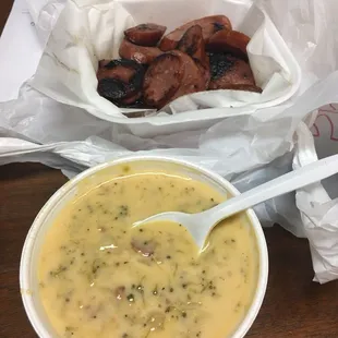 Broccoli and cheddar soup with polish sausage bites