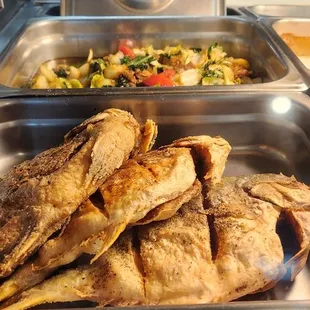 Fried fish, vegetables