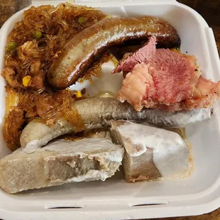 My 3 item combo: Noodles, Sausage, Corned beef w side of taro and banana