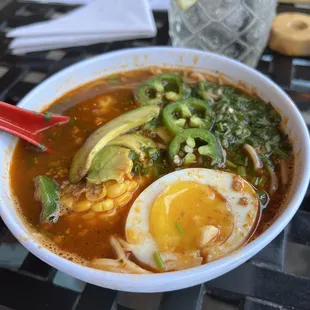 This is the Mexican Brunch Ramen with chorizo, corn, avocado, cilantro, feta cheese, jalapeño &amp; soft boiled egg. Delicious!!!