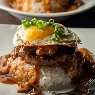 Proper Locomoco- rich gravy, sticky rice and a big ole duck egg!