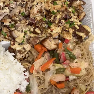 Sisig, pancit, and rice.