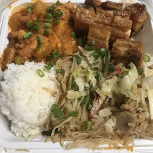 2 choice mixed plate: white rice, Pancit, Pork Guisantes and Lechon Kawali.