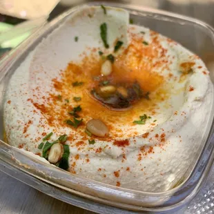 Hummus to go from the refrigerated section.