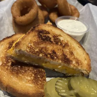 Grilled cheese on sourdough with onion rings