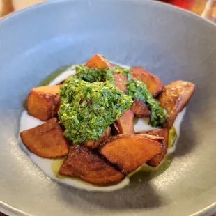 Smoked zuckerman potatoes, creme franchise, salsa verde