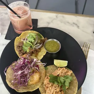 Guava margarita, Carne Asada Taco, Shrimp Taco, Tinga de Pollo Taco