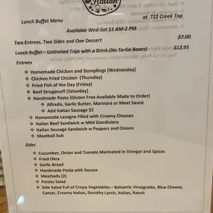 Lunch buffer menu for January 2021