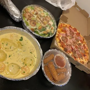 Mozzarella Sticks, Shrimp Caesar, Lobster Ravioli, Meat Lovers Pizza