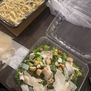 Mushroom linguini + unmixed caesar salad