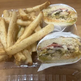 Spicy Pesto chicken sub with steak fries