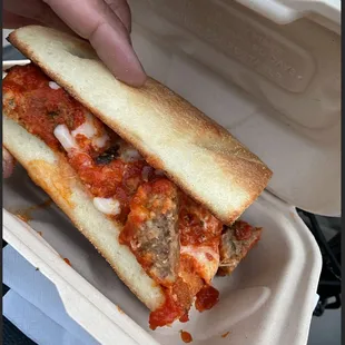 a person holding a sandwich in a styrofoam container