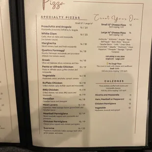 Pizza and Calzone menu.