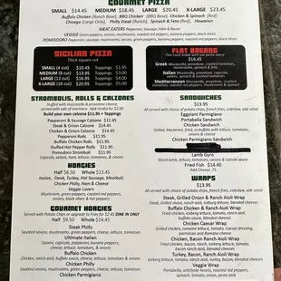 Menu of pizzas, strombolis, calzones, hoagies, burgers, wraps, etc.