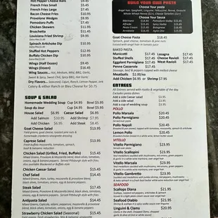 Menu of appetizers, soups, salads, pastas, and entrees