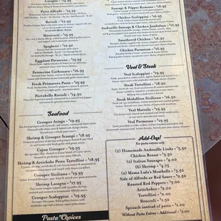Dinner menu