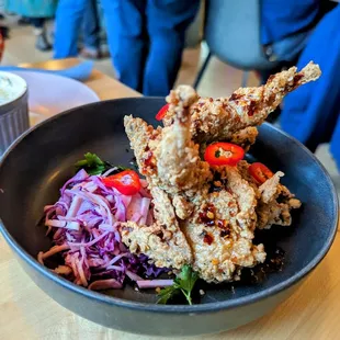 Buttermilk Fried Quail - kohlrabi-parsnip-apple slaw, cornbread puree, hot honey