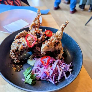 Buttermilk Fried Quail - kohlrabi-parsnip-apple slaw, cornbread puree, hot honey