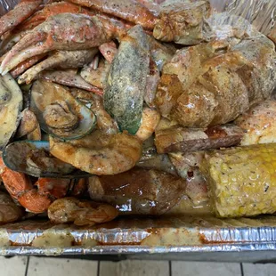 a pan full of seafood