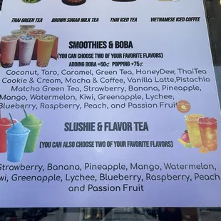 Smoothies &amp; Boba menu