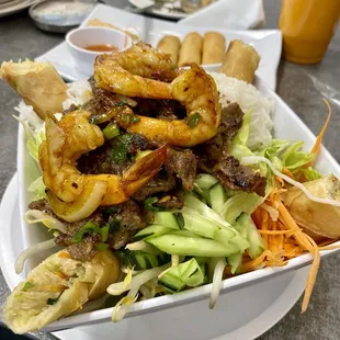 Beef and shrimp rice noodles salad