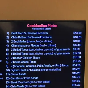 Combo plates Menu, as of December 2023