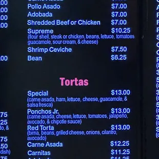 Tostadas and tortas Menu, as of December 2023