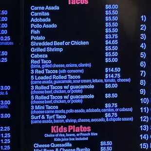 Tacos and kids plate Menu, as of December 2023