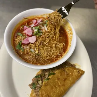 Birria Ramen w/ red taco