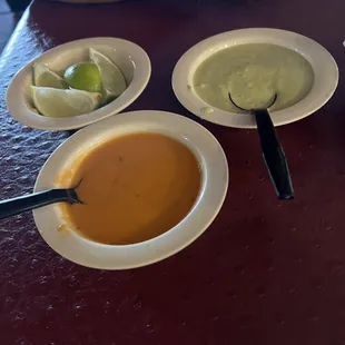 The Sauces. Red one is spicy, green one is tasty.
