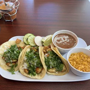 Chicken Tacos with excellent beans and rice!