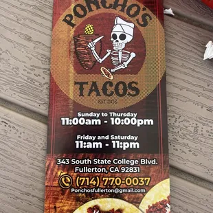 Menu with hours address