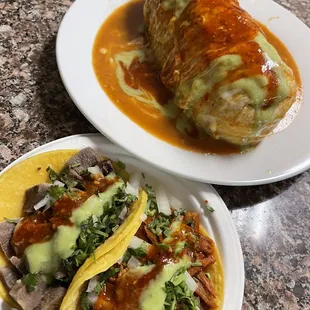 Red Al Pastor Burrito with Avocado Salsa and Lengua and Al Pastor Tacos