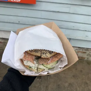 Smoke salmon with poppy seed bagel