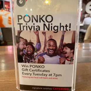 a sign for the ponko trivia night