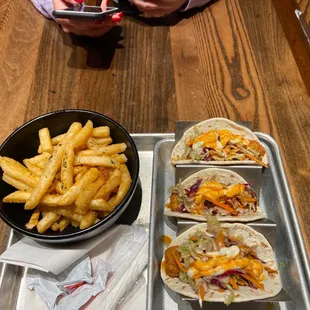 Tofu tender tacos and a side of ponko fries