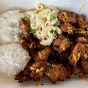 Mochi Chicken Plate with rice and mac salad