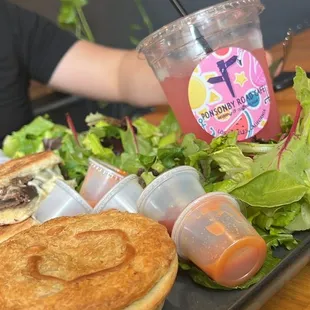 Curry chicken pie and watermelon drink