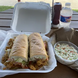 a sandwich and coleslaw