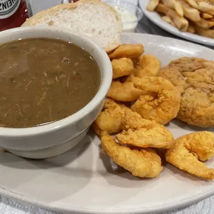 Crab Cake + dozen #friedshrimp + #gumbo