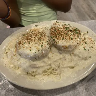 Crab cake pasta. Enough for 2 people
